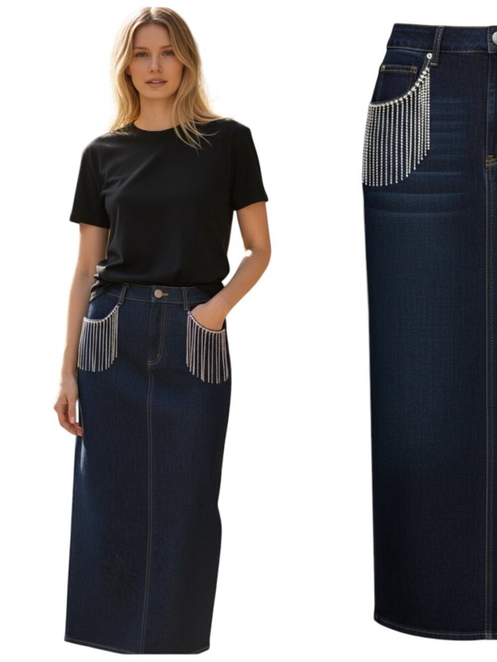 Elliatt Denim Midi Skirt Crystal Fringe Pockets Sample S NWT